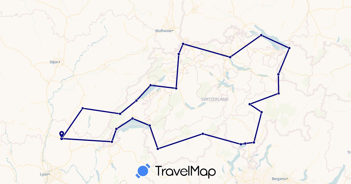 TravelMap itinerary: driving in Austria, Switzerland, Germany, France, Liechtenstein (Europe)